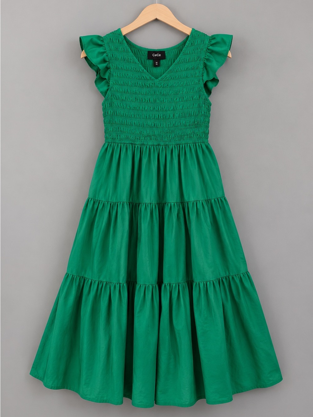 GiGiO Emerald Green Smocked Tiered Midi Dress Flutter Sleeve M - Picture 2 of 4